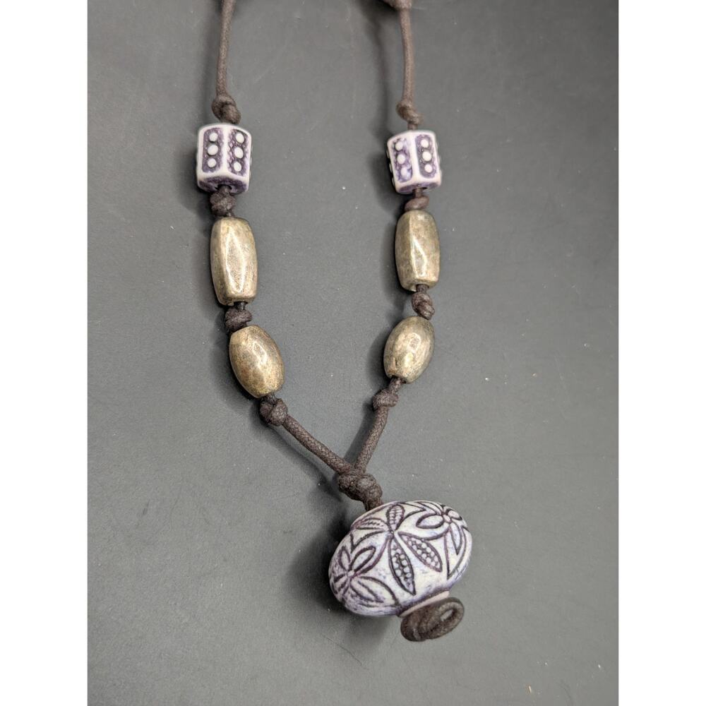 Artisan African Style Necklace Silver Tone Batik Resin Beads Boho